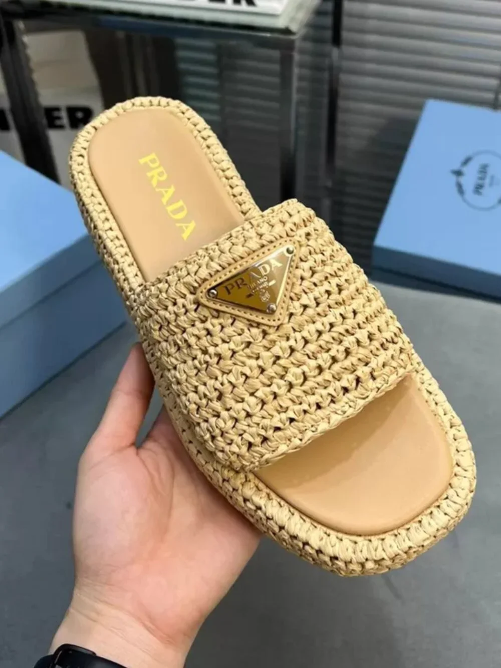 Prada Beige Woven Raffia Slide Sandals